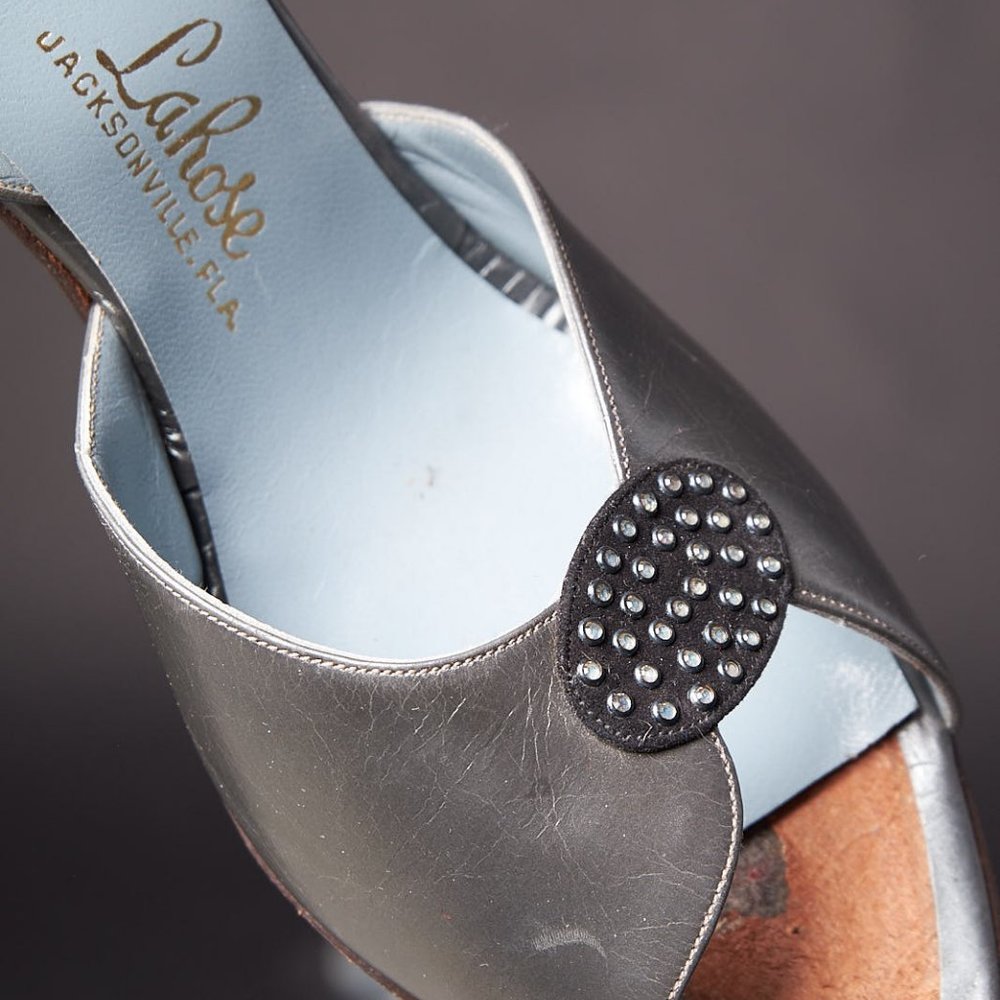 1950s Pin Up Peep Toe Silver Heels